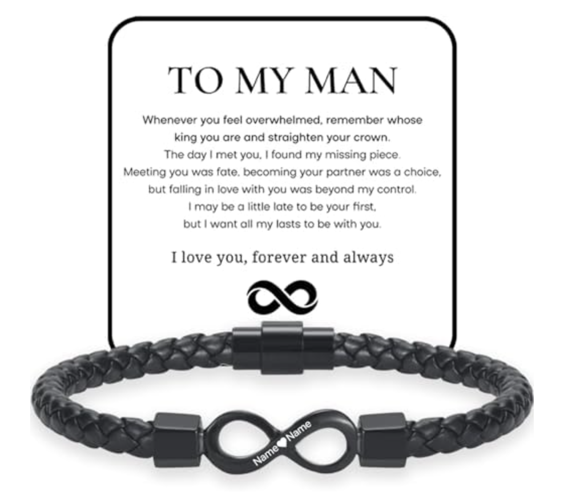 Personalized To My Man Dual Name Infinity Leather Bracelet Black