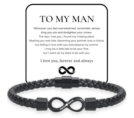 Personalized To My Man Dual Name Infinity Leather Bracelet Black