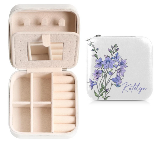 Personalized Leather Jewelry Case W/ Mirror 33 Floral Designs