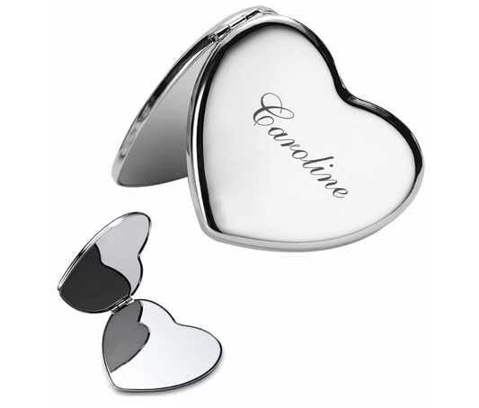 Personalized Engraved Heart Shape Silver Color Compact Mirror