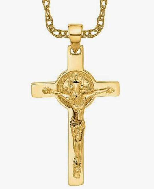 14K Solid Yellow Gold Lord Jesus Christ Crucifix Holy Cross Saint Benedict Medal Necklace