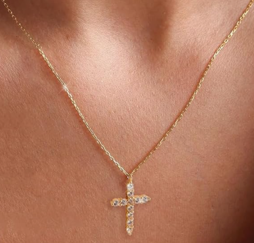 Sterling Silver 14k yellow Gold Plated Cubic Zirconia Cross Chain Necklace