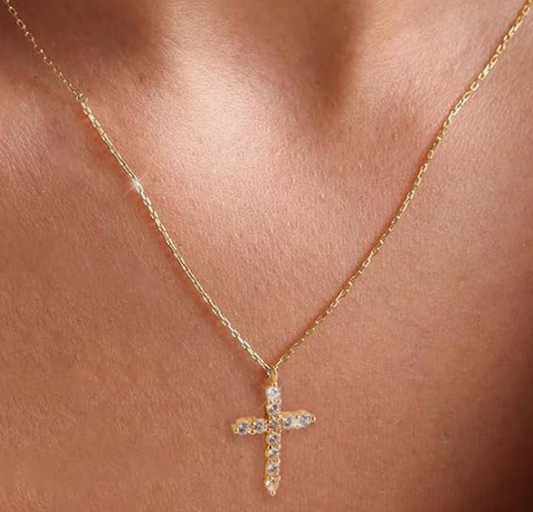 Sterling Silver 14k yellow Gold Plated Cubic Zirconia Cross Chain Necklace