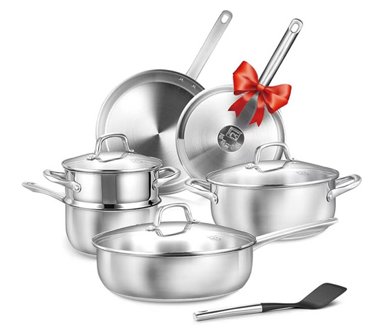 10 Pcs Stainless Steel Cookware Set with Tri-ply Bottom