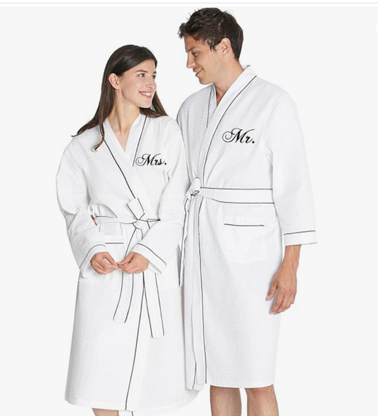 2Pcs Couple's Cotton Waffle Knit Robes Embroidered Lightweight White Or Blue