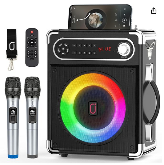 Karaoke Machine W/ Two Wireless Microphones Portable Bluetooth Speaker