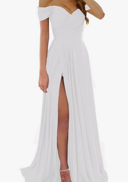 Women's Off The Shoulder Dresses with Slit Satin Formal Gowns 14 Colors