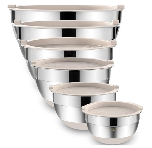 Mixing Bowls with Airtight Lids 6 Piece Stainless Steel Metal Non-slip Bottom 4 Lid Colors